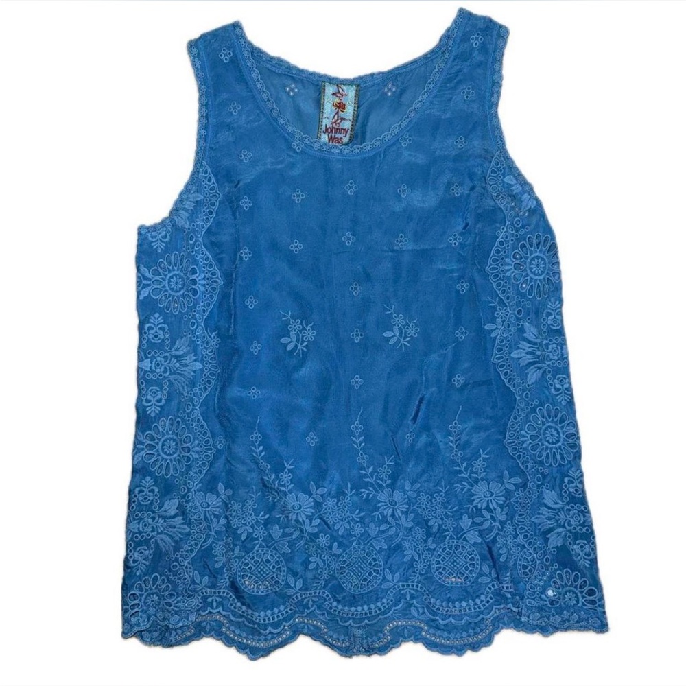 Johnny Was Blue Floral Lace Blouse